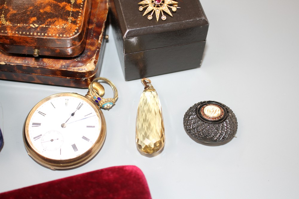 A 9ct gold brooch, a plated pocket watch, other jewellery and jewellery boxes